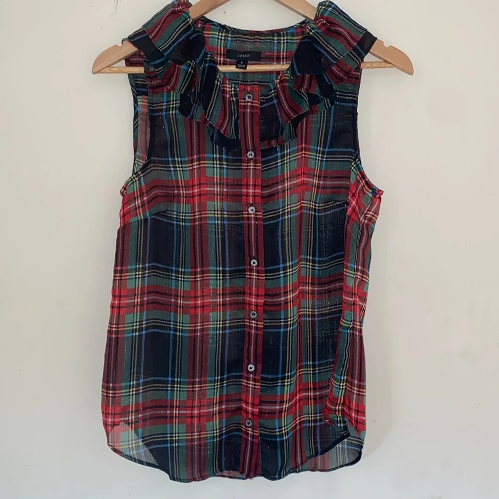 J Crew Ruffle Collar sleeveless button up sheer Stewart Plaid blouse Sz S NWT